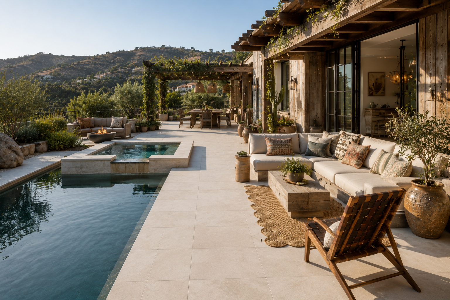 rustic los angeles outdoor pool deck with pergola-covered seating, wood accents, and a relaxed lounge area overlooking hillside views