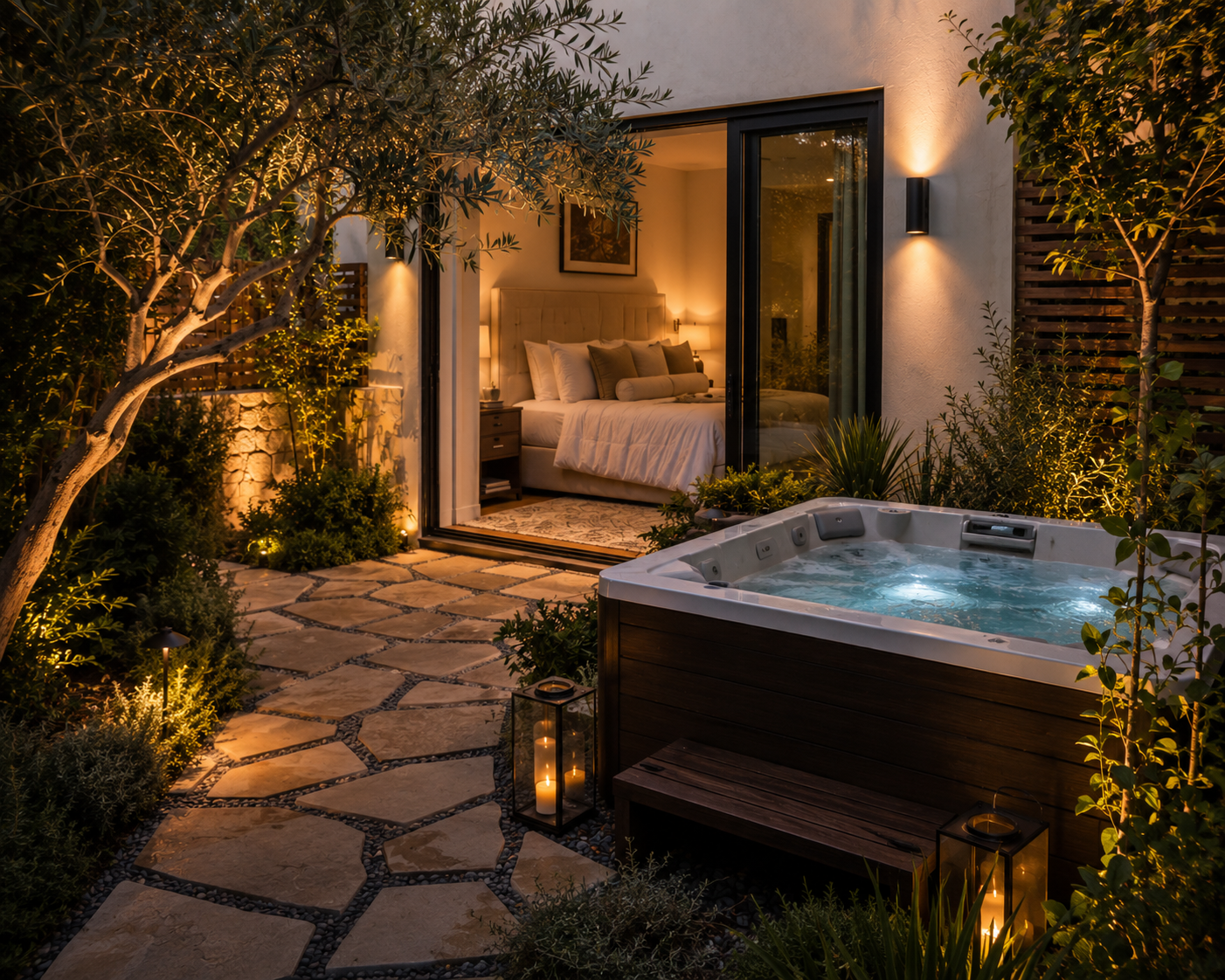 luxury los angeles hot tub retreat with natural stone pathway, warm landscape lighting, and direct access from a bedroom suite