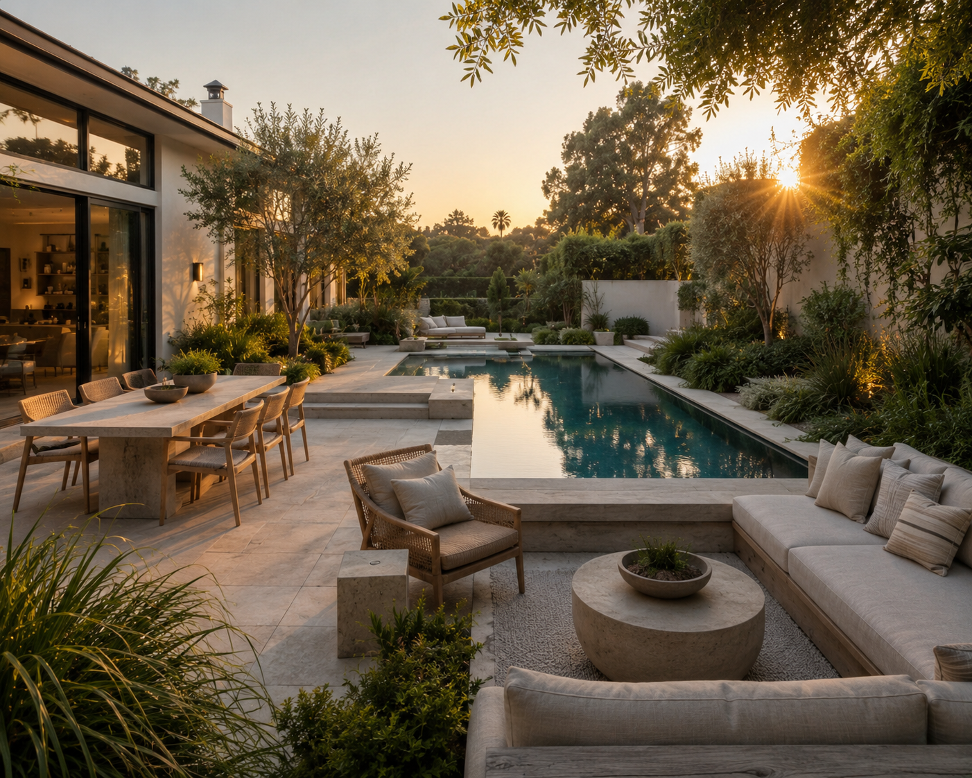 High-end Los Angeles backyard with pool, outdoor dining area, lounge seating, layered landscaping, and indoor-outdoor living at sunset