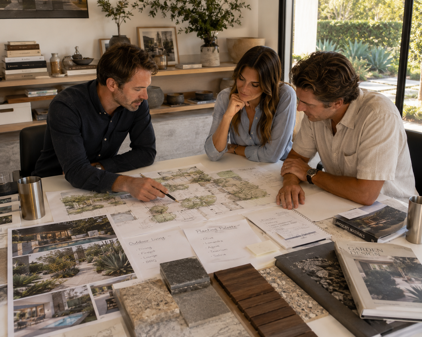 Los Angeles landscape design consultation with homeowners discussing site plans, planting palettes, and outdoor living concepts