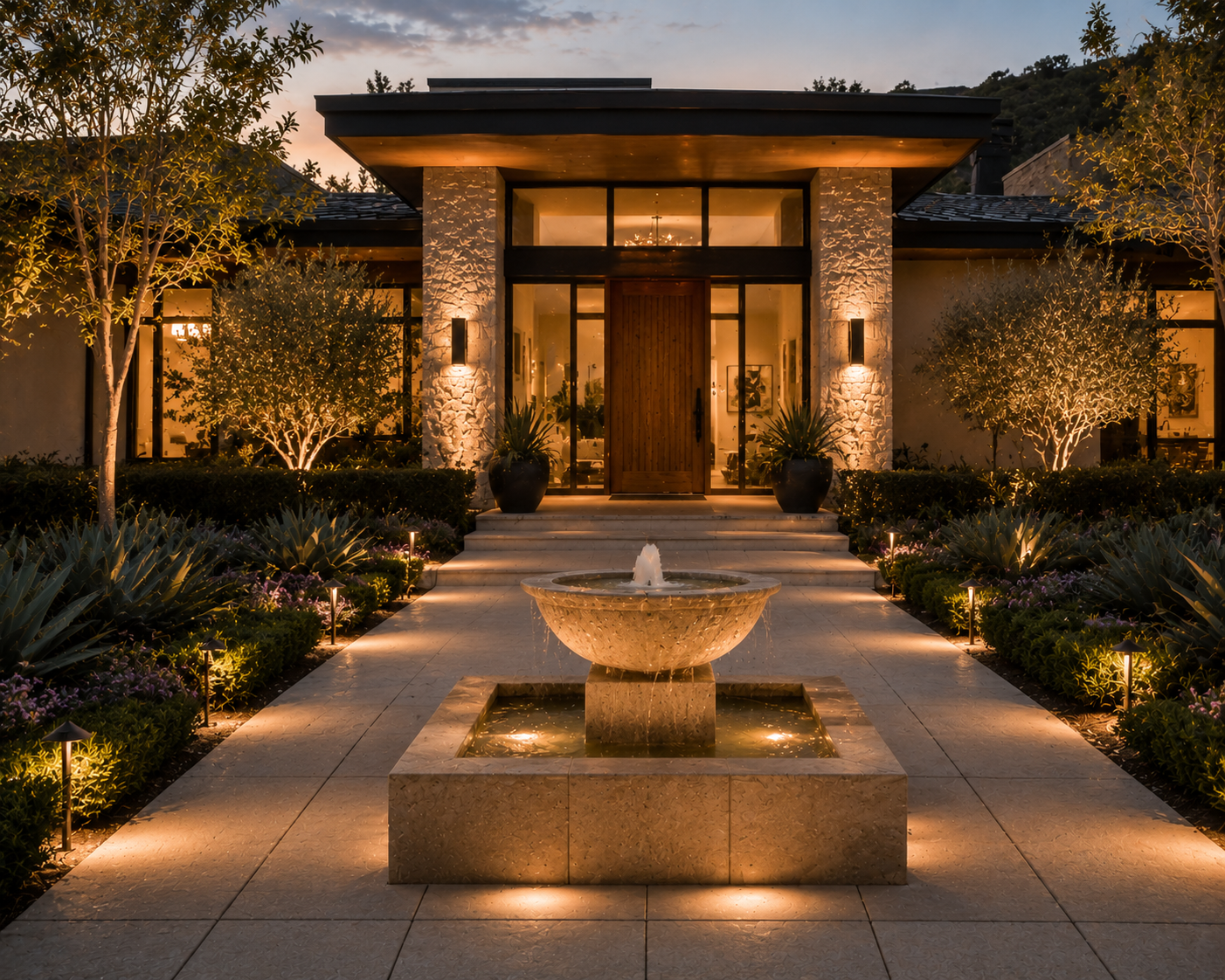 modern los angeles front entry fountain with a geometric water feature, symmetrical landscaping, and architectural lighting at dusk