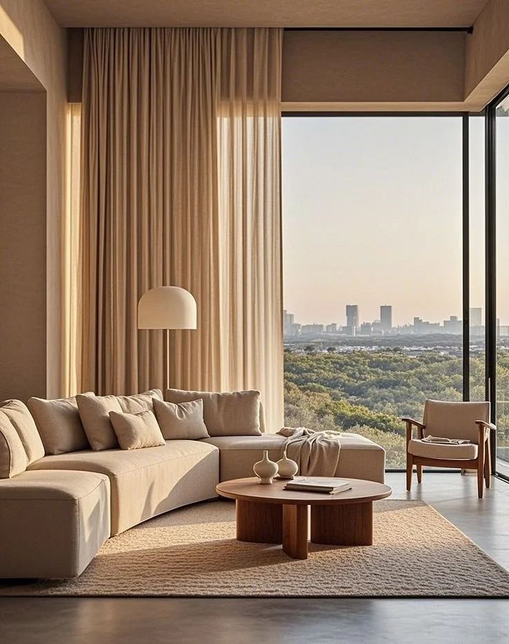 arm modern living room neutral palette wood tones