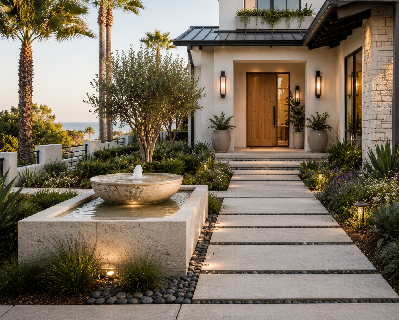 modern los angeles front yard fountain with a stone water feature, wide entry walkway, layered landscaping, and palm trees framing a luxury home entrance