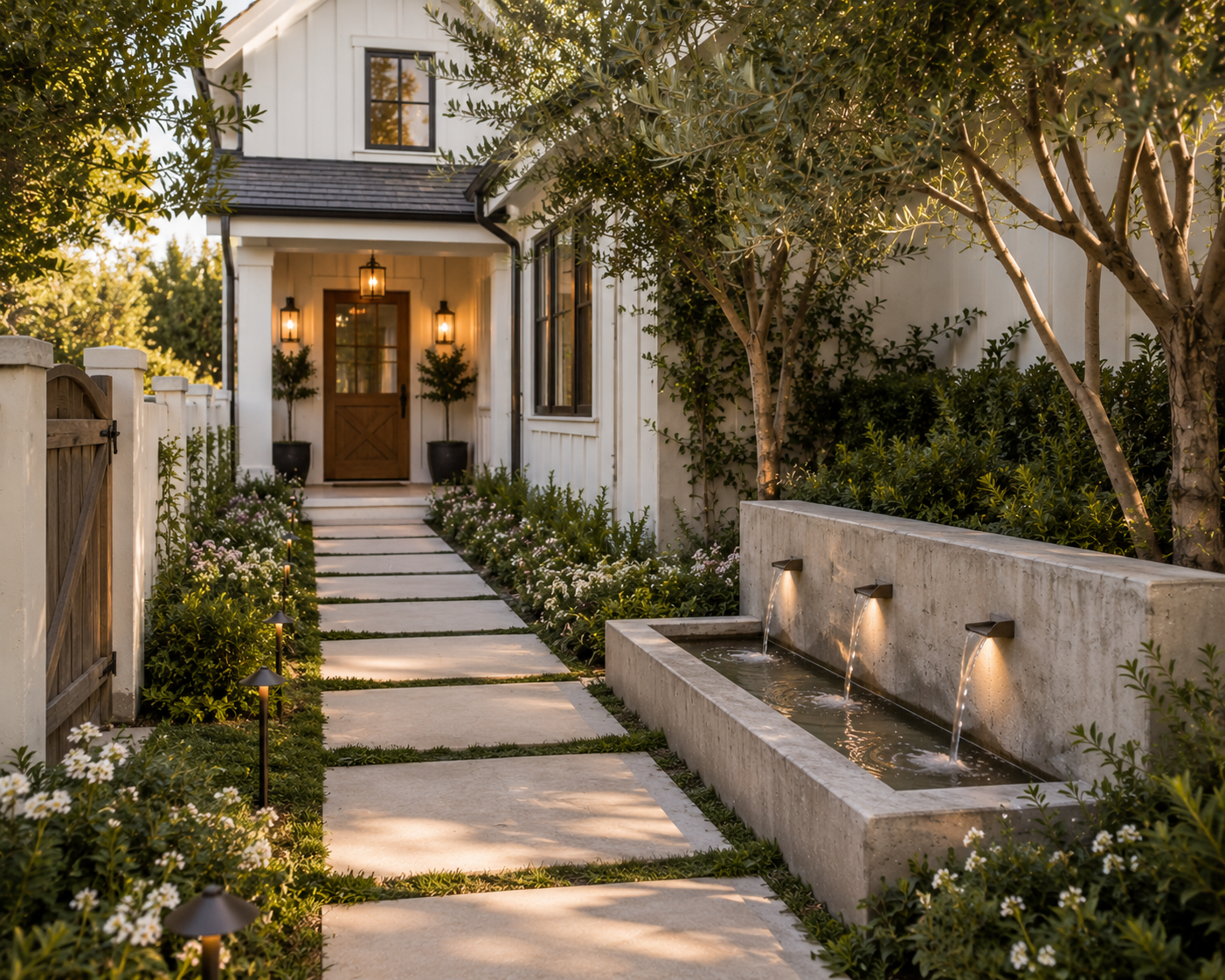 contemporary los angeles front yard walkway with a linear fountain wall, stone pavers, flowering plants, and lush landscaping leading to a welcoming entry