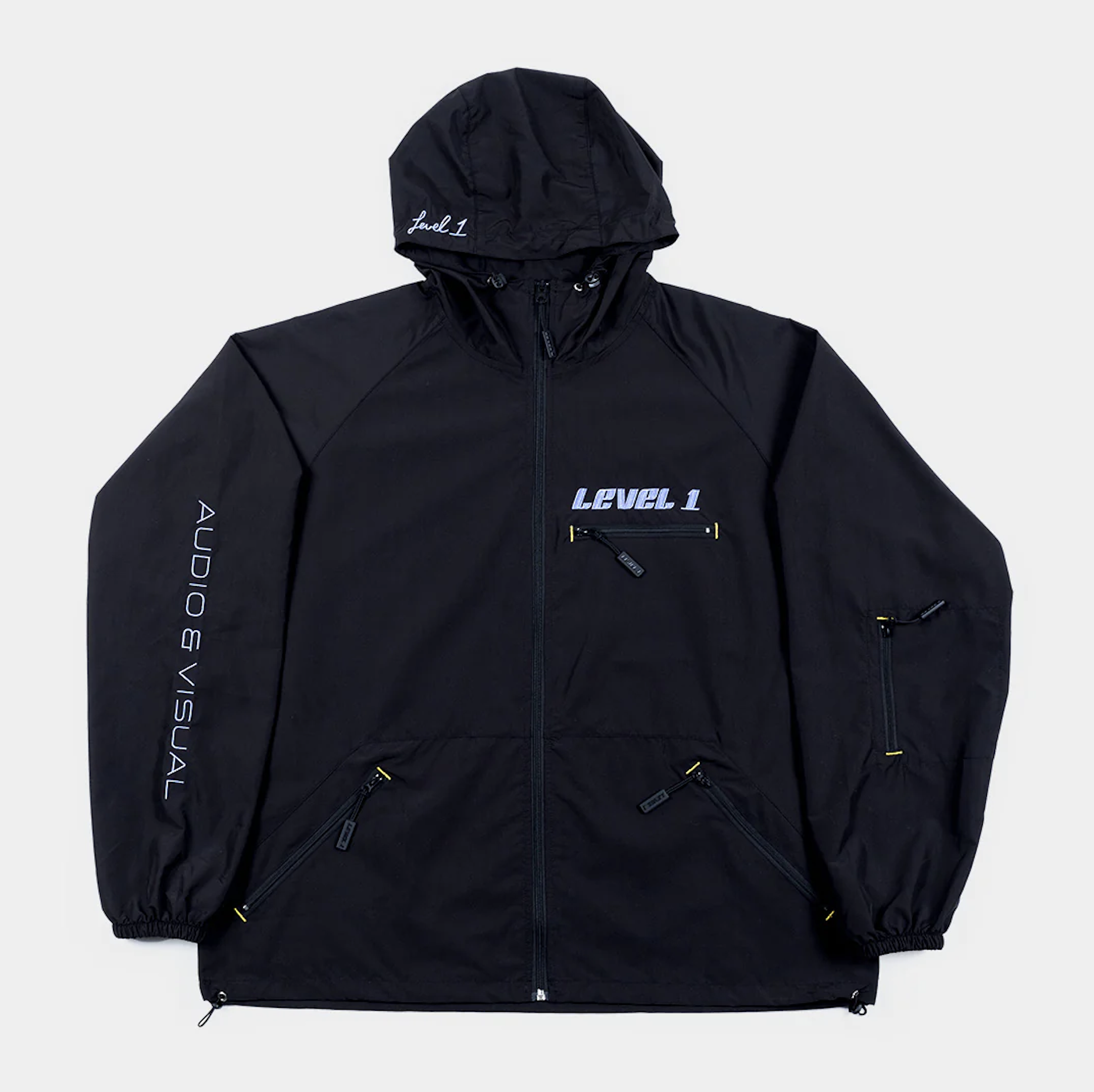 Black hooded jacket with multiple zippered pockets, embroidered with 'LEVEL 1' on chest and 'AUDIO VISUAL' on left sleeve.