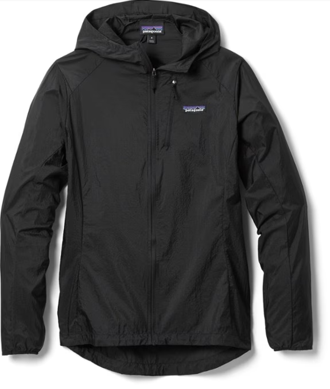 Black hooded outdoor jacket with a front zipper and a small Patagonia logo on the chest.