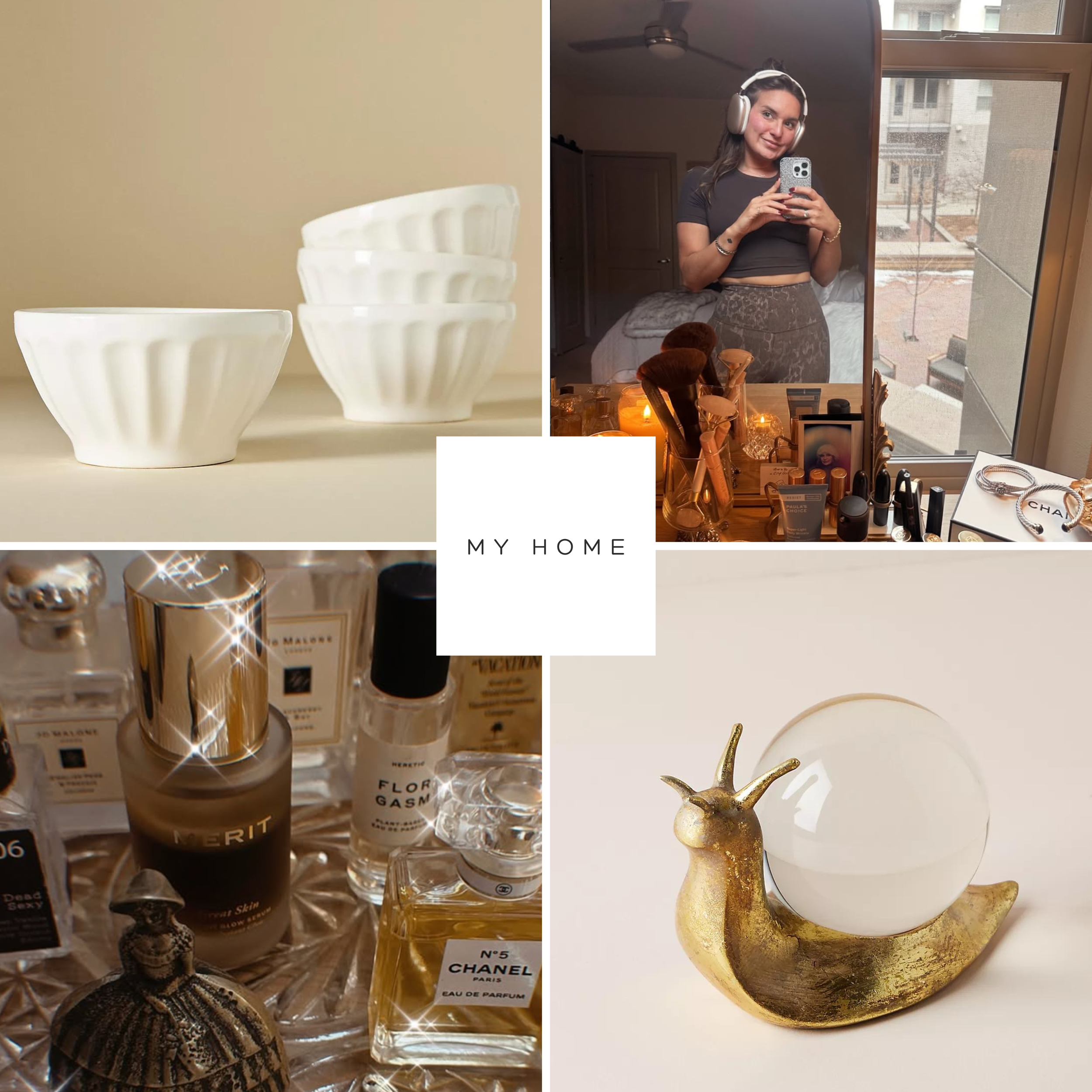 Collage of home decor and personal items, including white ceramic bowls, a mirror with a woman taking a selfie, an assortment of perfume bottles and beauty products, and a decorative snail-shaped object with a white orb.
