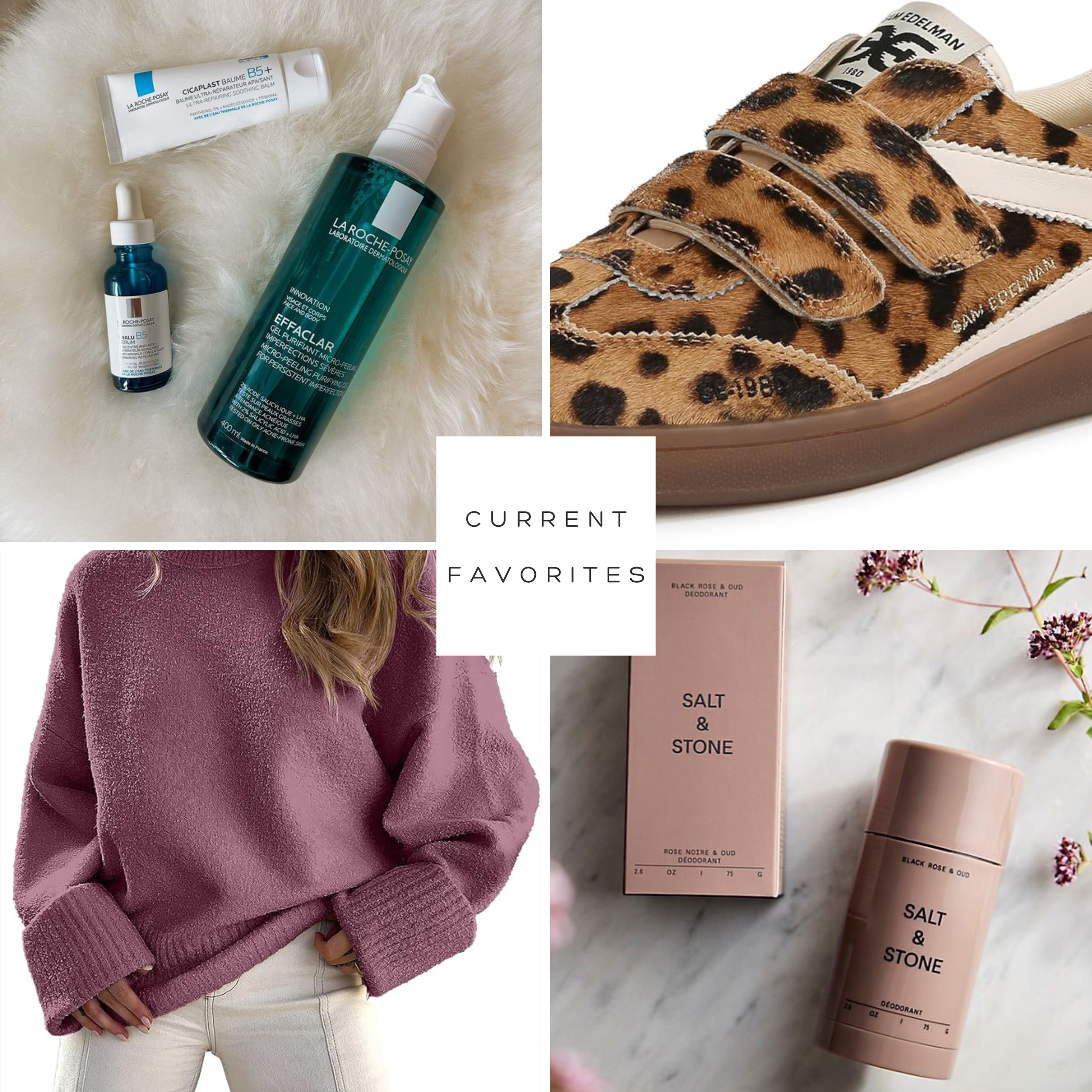 A collage of four images showing personal care and fashion items: skincare products on a soft surface, leopard print sneakers, a woman wearing a mauve sweater and white pants, and a pink box and deodorant labeled 'Salt & Stone' on a marble surface with small flowers.