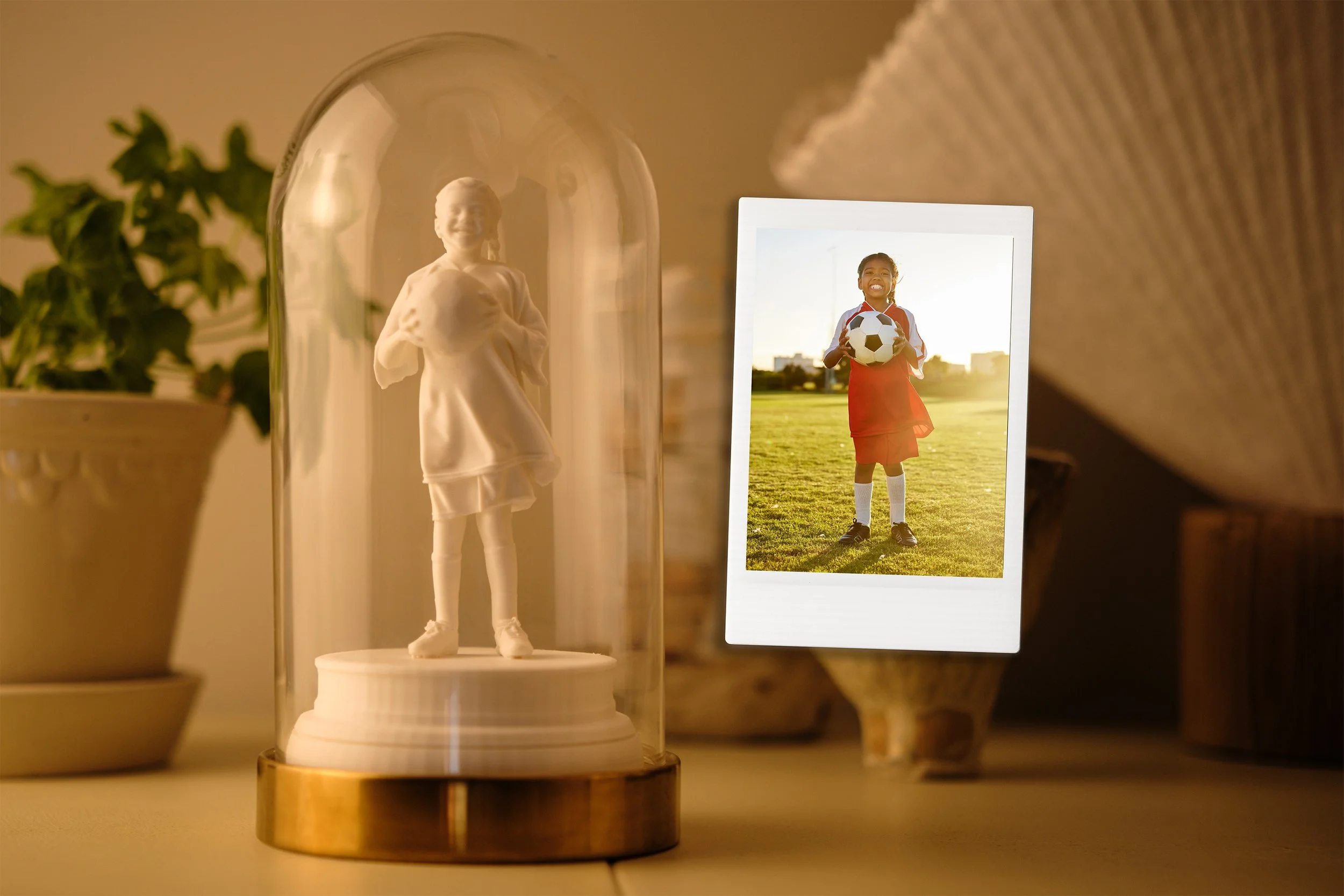 En vit staty av ett barn i sportkläder innesluten i ett glaskupa, med en fotografi av en flicka i sportkläder som håller en fotboll, placerad bredvid.