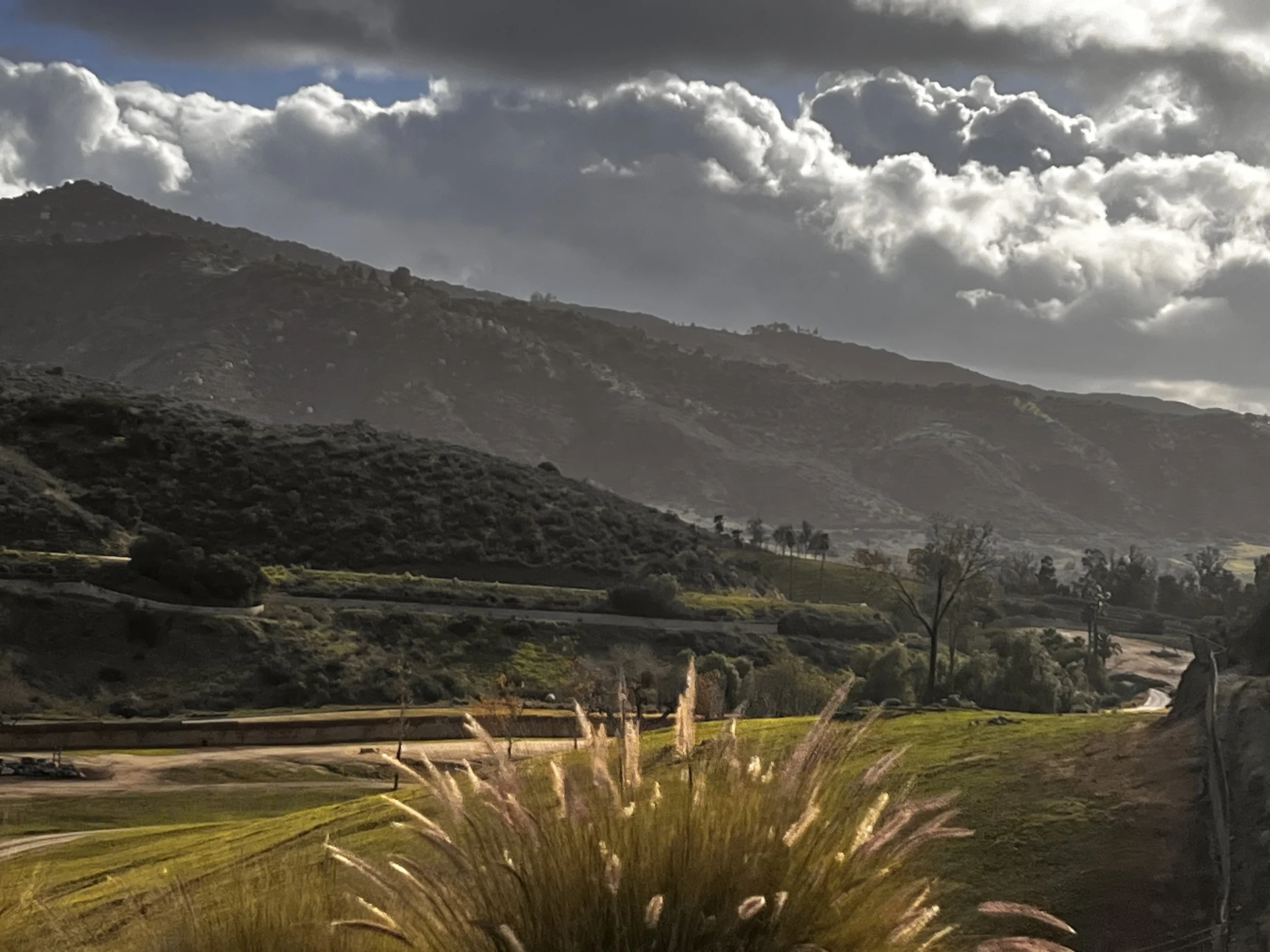 Landscape view of hills and mountains with cloudy sky, grassy fields, and a winding road in the foreground.