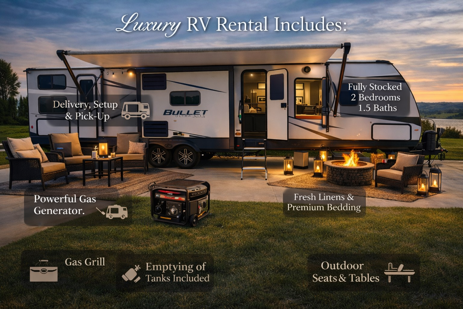 A luxury RV parked outdoors during sunset with outdoor seating, fire pit, and lanterns. Labels highlight features such as delivery, setup, pickup, powerful gas generator, gas grill, emptying tanks, fresh linens, premium bedding, fully stocked 2 bedrooms, 1.5 baths, and inclusive amenities.