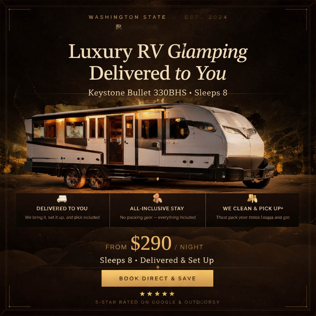 An advertisement for a luxury RV glamping service, showing a modern white RV on a dark background with text about delivery, all-inclusive stay, and clean-up services, starting at $290 per night, with a book now button at the bottom.