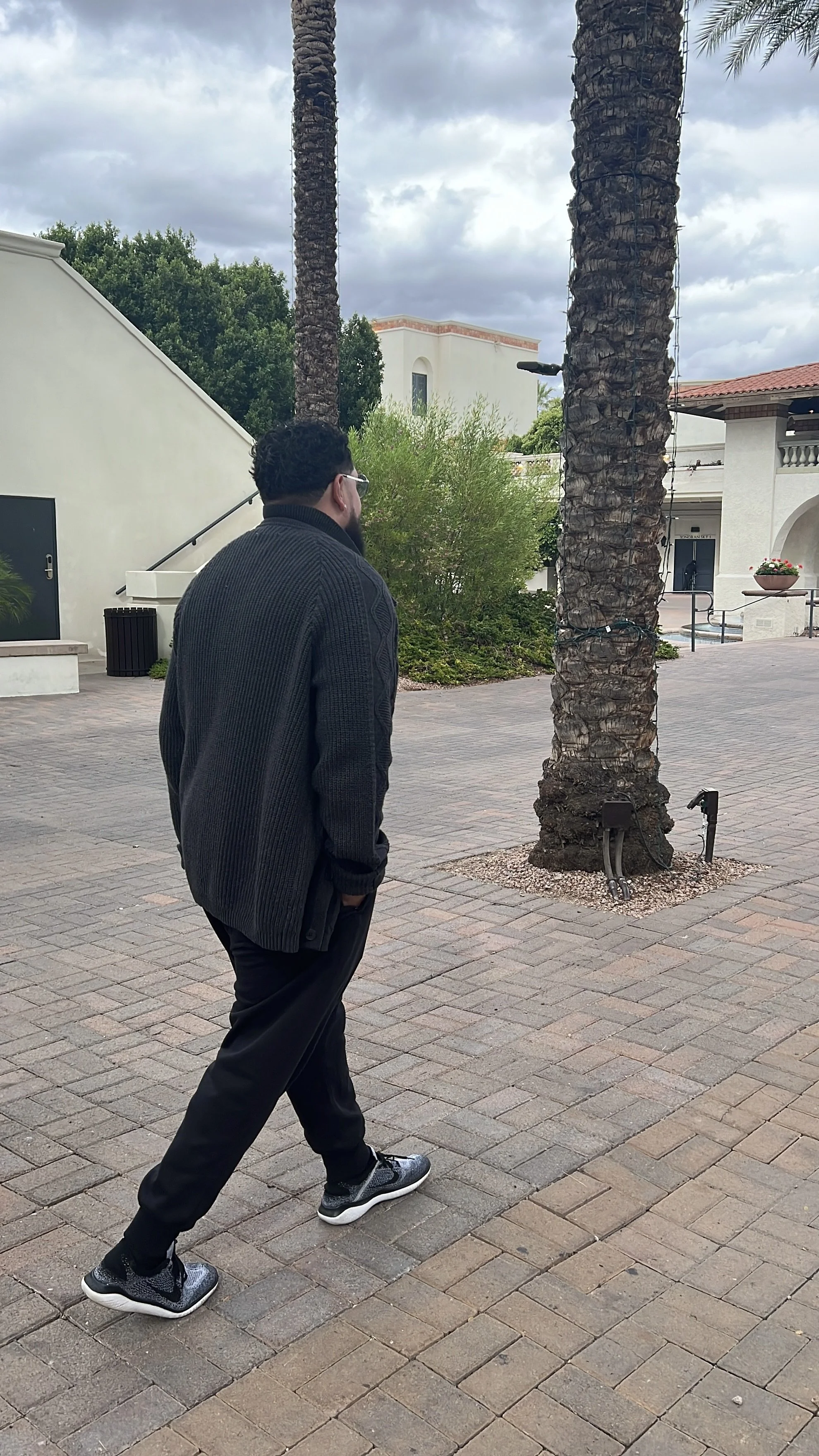 A man walking outdoors on a brick-paved walkway next to palm trees and tropical plants, under cloudy sky.