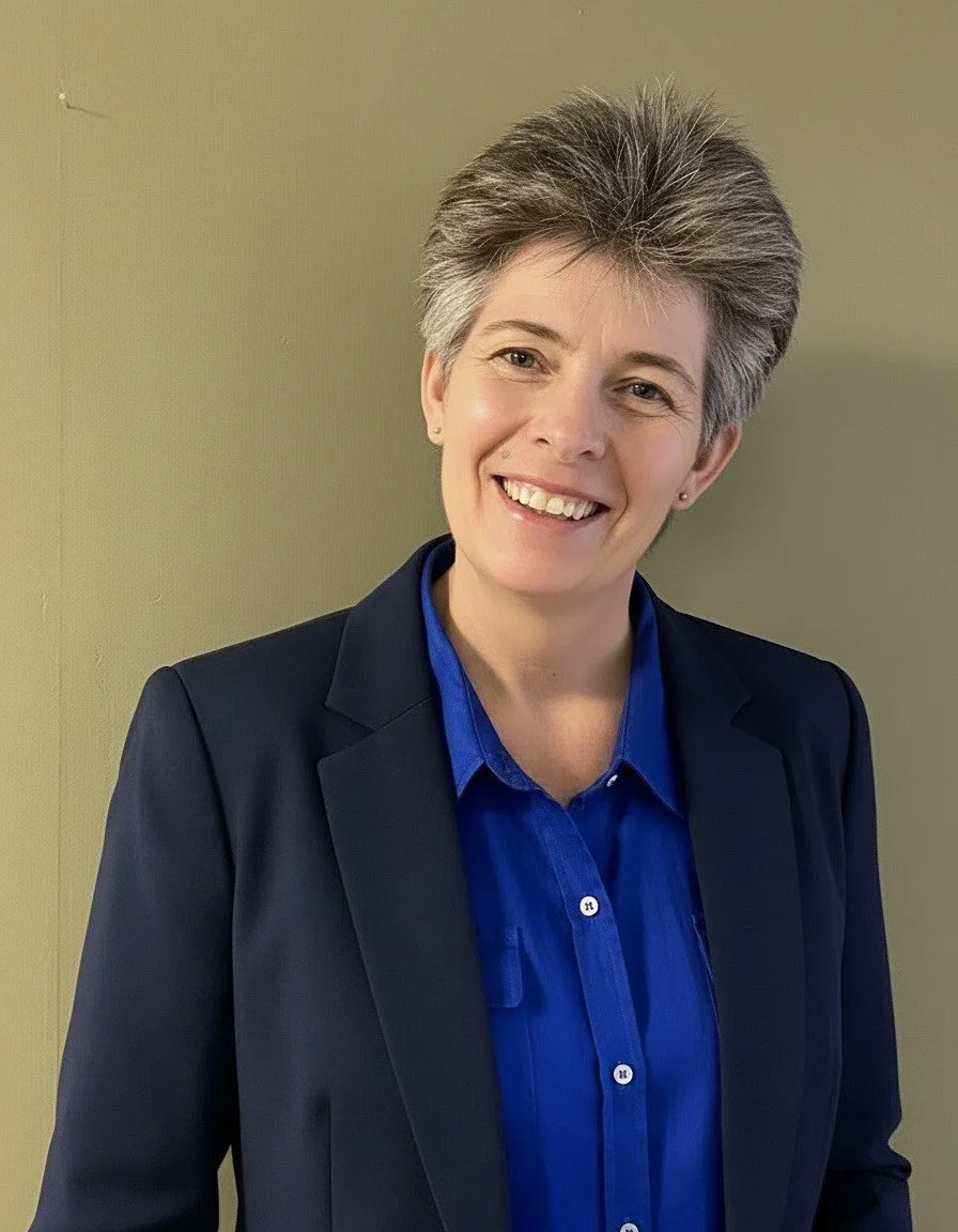 A woman with short gray hair smiling, wearing a black blazer and a blue shirt, standing against a plain wall.
