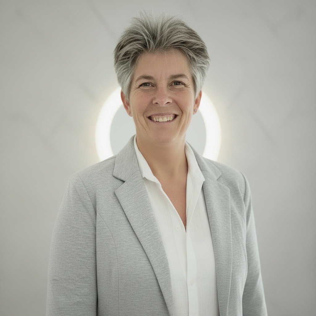 A smiling middle-aged woman with short gray hair, wearing a light gray blazer and white shirt, standing in front of a light background with a circular light fixture behind her.