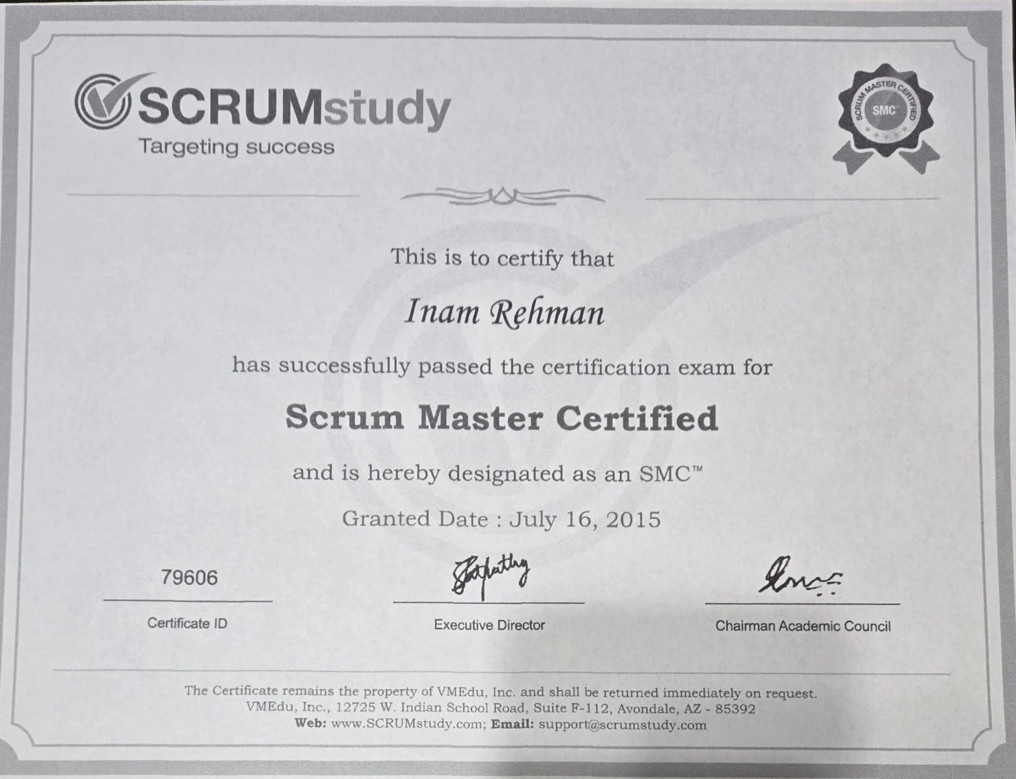 Certificate from SCRUMstudy awarded to Inam Rehman for successfully passing the certification exam for Scrum Master Certified, dated July 16, 2015.