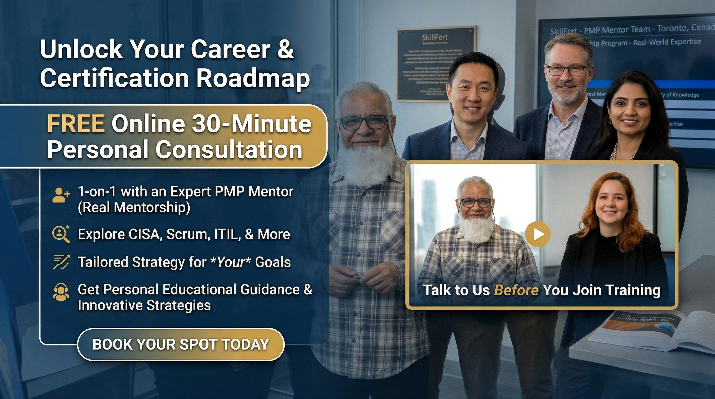 A promotional graphic for an online career and certification training program featuring diverse professionals talking and smiling. It highlights a free 30-minute personal consultation, exploring various certifications, tailored strategies, and educational guidance, with a call to action to book a spot.