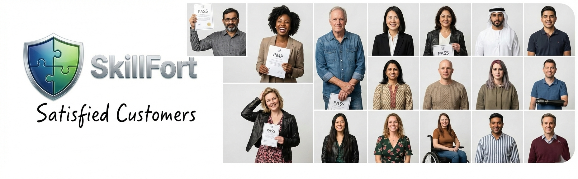 A collage of diverse happy people holding certification papers with the SkillFort logo and the phrase 'Satisfied Customers' on a white background.