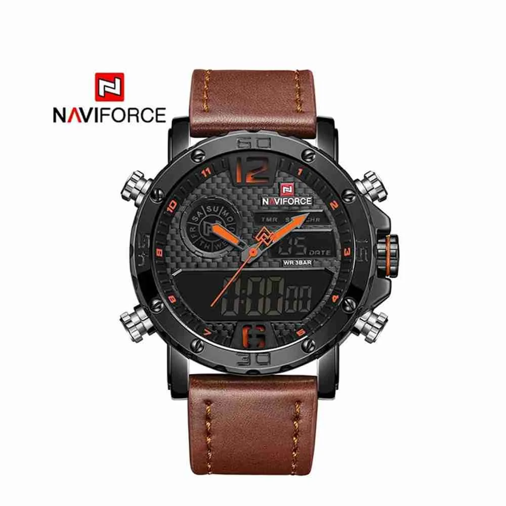 Reloj NaviForce NF9134 de estilo militar con doble horario y cuero naranja