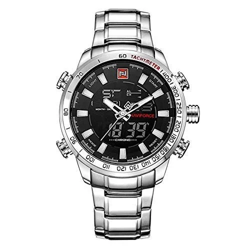 Reloj de lujo para hombre NAVIFORCE NF-9093 S/B/W de Lexxiv, de acero inoxidable, plateado, negro, analógico y digital, con pantalla de sombra.