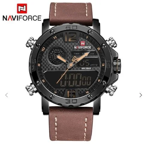 Reloj NaviForce NF9134 de estilo militar con doble horario y cuero manecillas durazno