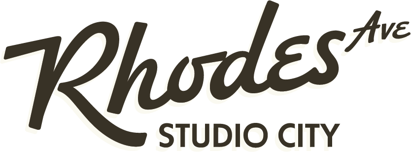 Text logo reading 'Rhodes Ave Studio City' with a black background.