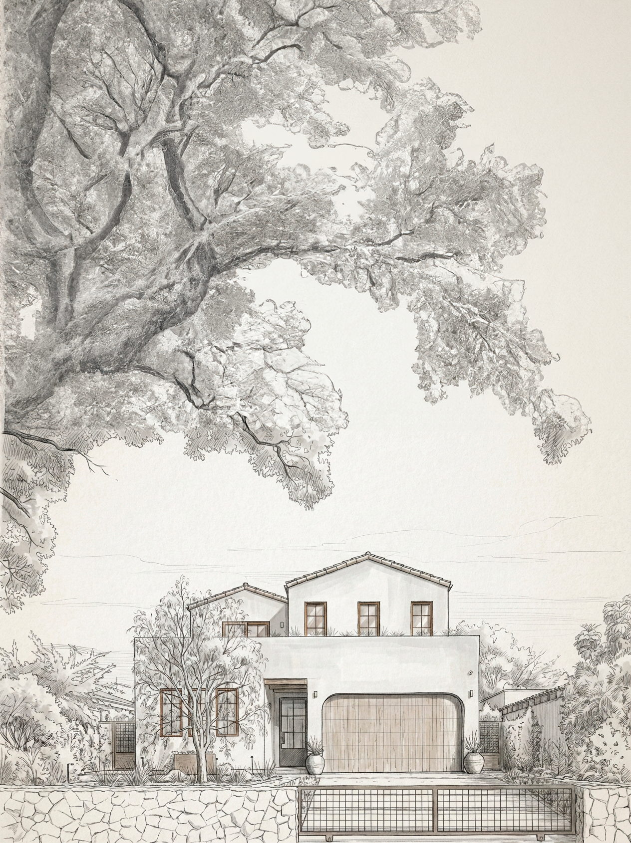 4338 Rhodes Ave, Studio City. A detailed architectural drawing of a modern two-story house with a large garage, surrounded by trees and bushes, with a stone fence and a metal gate in front.