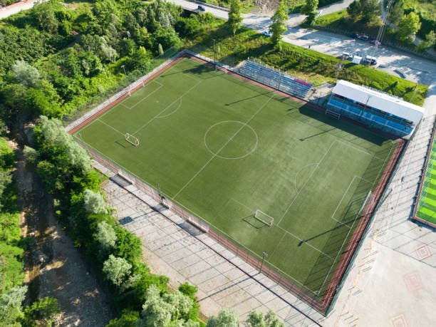 Aerial view of a soccer field with artificial turf in langley bc