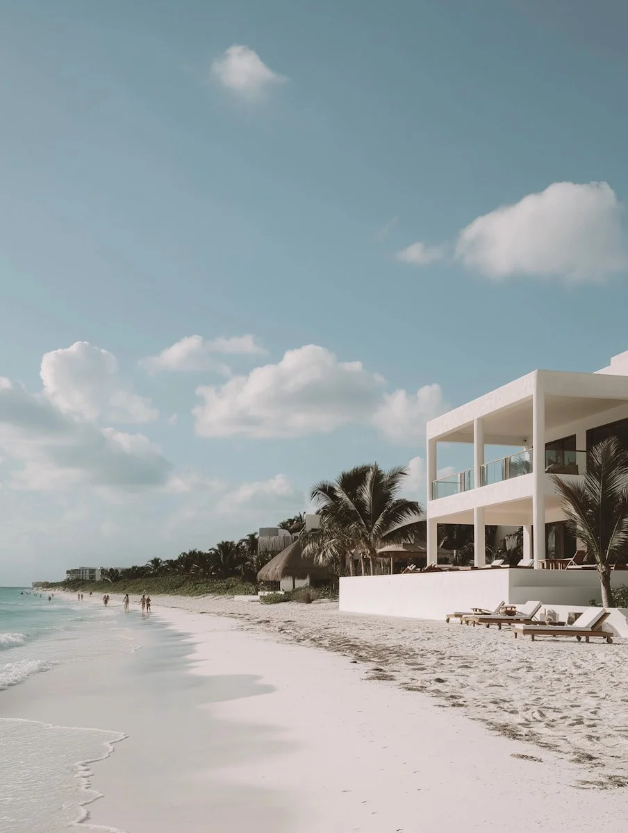 A modern white beach house with balconies, surrounded by palm trees, on a sandy beach with lounge chairs, under a blue sky with clouds, and people walking along the shoreline.