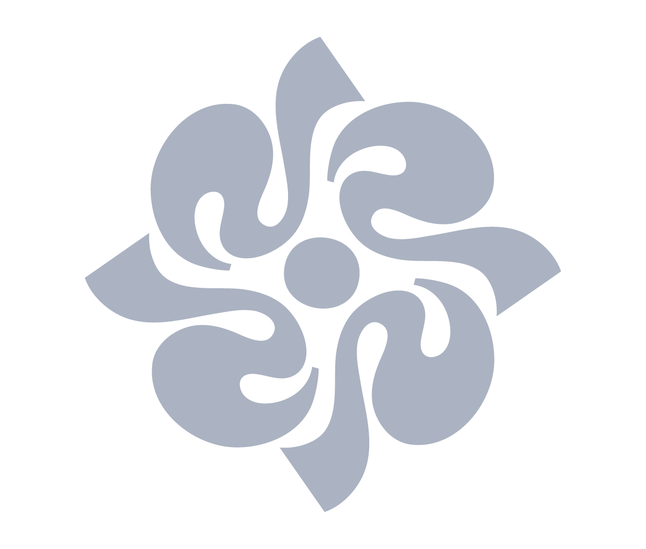 A symmetrical, abstract floral design in shades of grey with six petal-like shapes surrounding a central circle, set against a black background.
