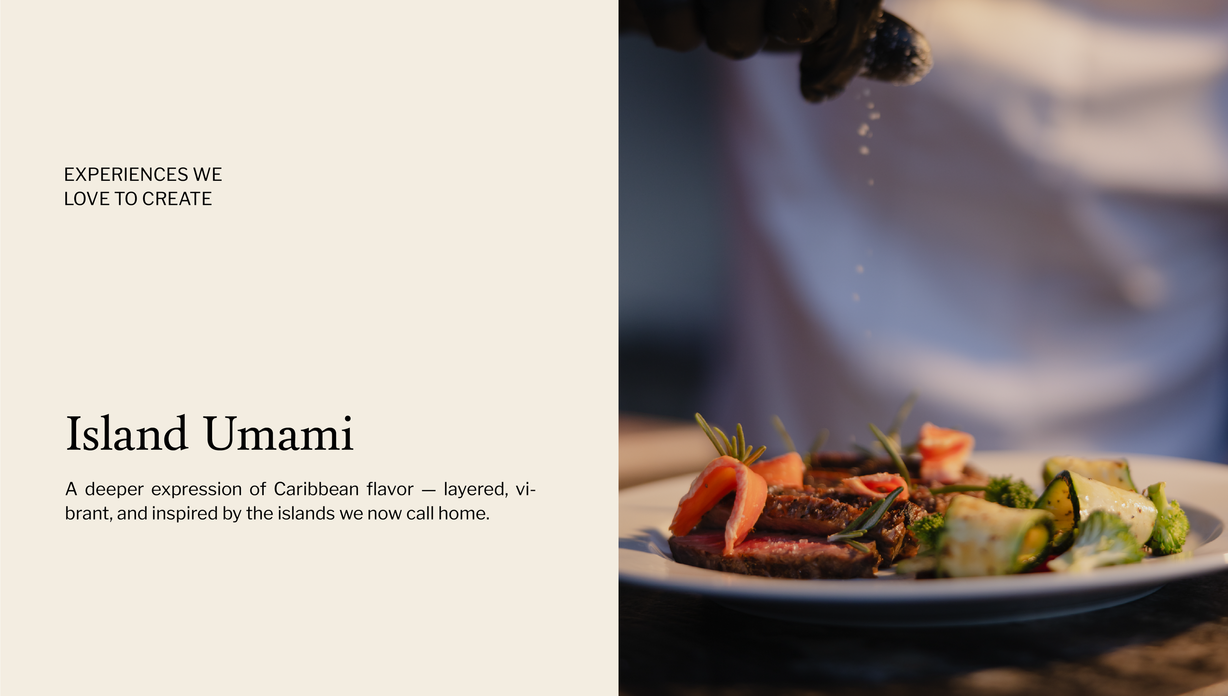 A plated dish of Caribbean-inspired food with vegetables and seafood or meat, alongside a blurred background of a person preparing or presenting the meal.