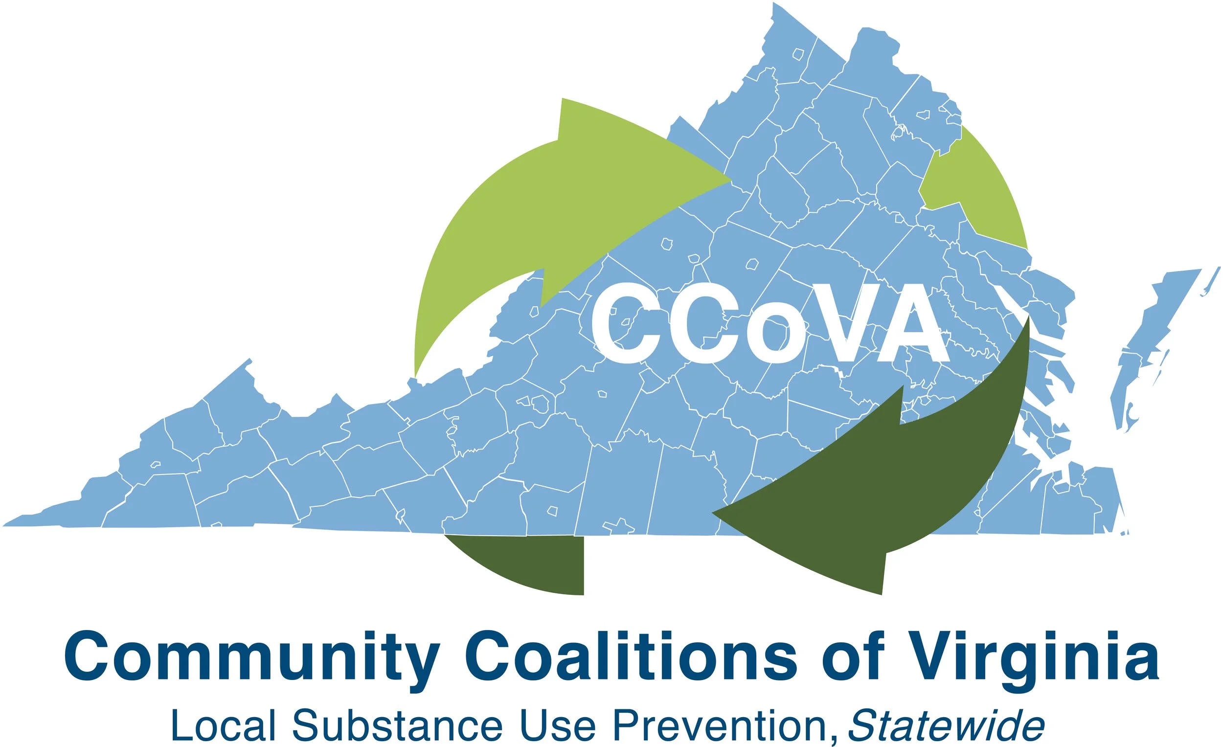 Community Coalitions of Virginia logo.  Blue outline of Virginia with each of the counties outlined in white.  2 green arrows circling through logo.