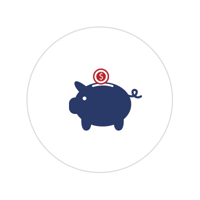 Illustration of a piggy bank with a dollar coin on top, enclosed in a circle.
