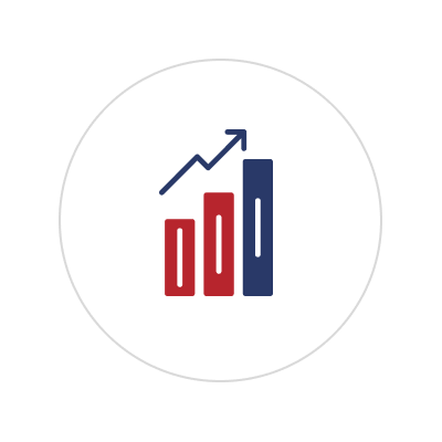 Icon of three vertical bar graphs in red, white, and blue, with an upward trending arrow on a black background.