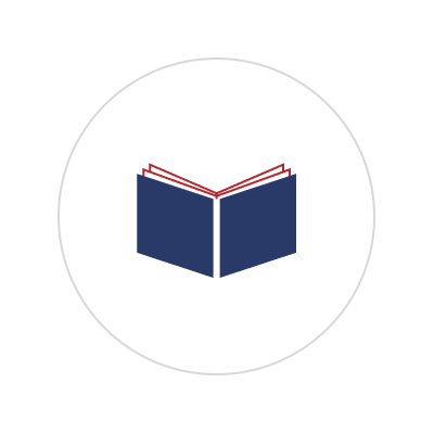 A vector graphic of an open book with red lines emerging from the top edges, set inside a circle on a black background.