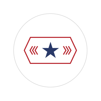 A graphic featuring a blue star in the center, surrounded by a red outlined border with red arrows pointing inward, all within a white circle on a black background.