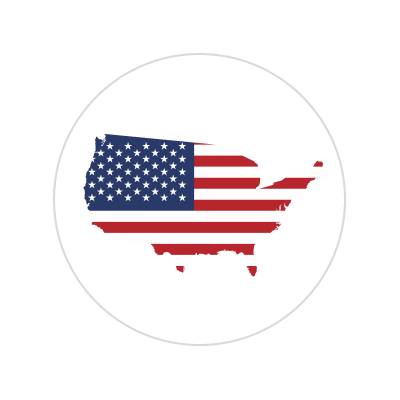 Outline of the United States with an American flag pattern inside, on a black background with a white circular border.