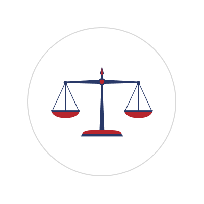 An illustration of a balance scale within a circle, with a star-shaped gauge at the top.