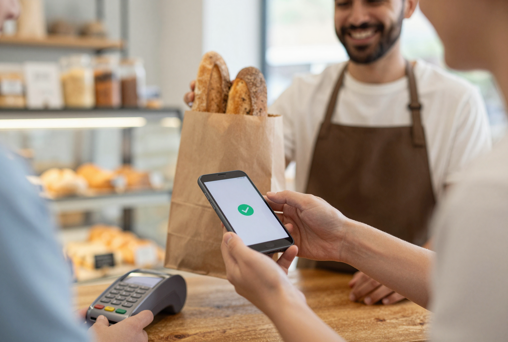 Customer paying at bakery counter with mobile payment app, holding brown paper bag with bread, cake in the background, cashier's hand and card reader visible.