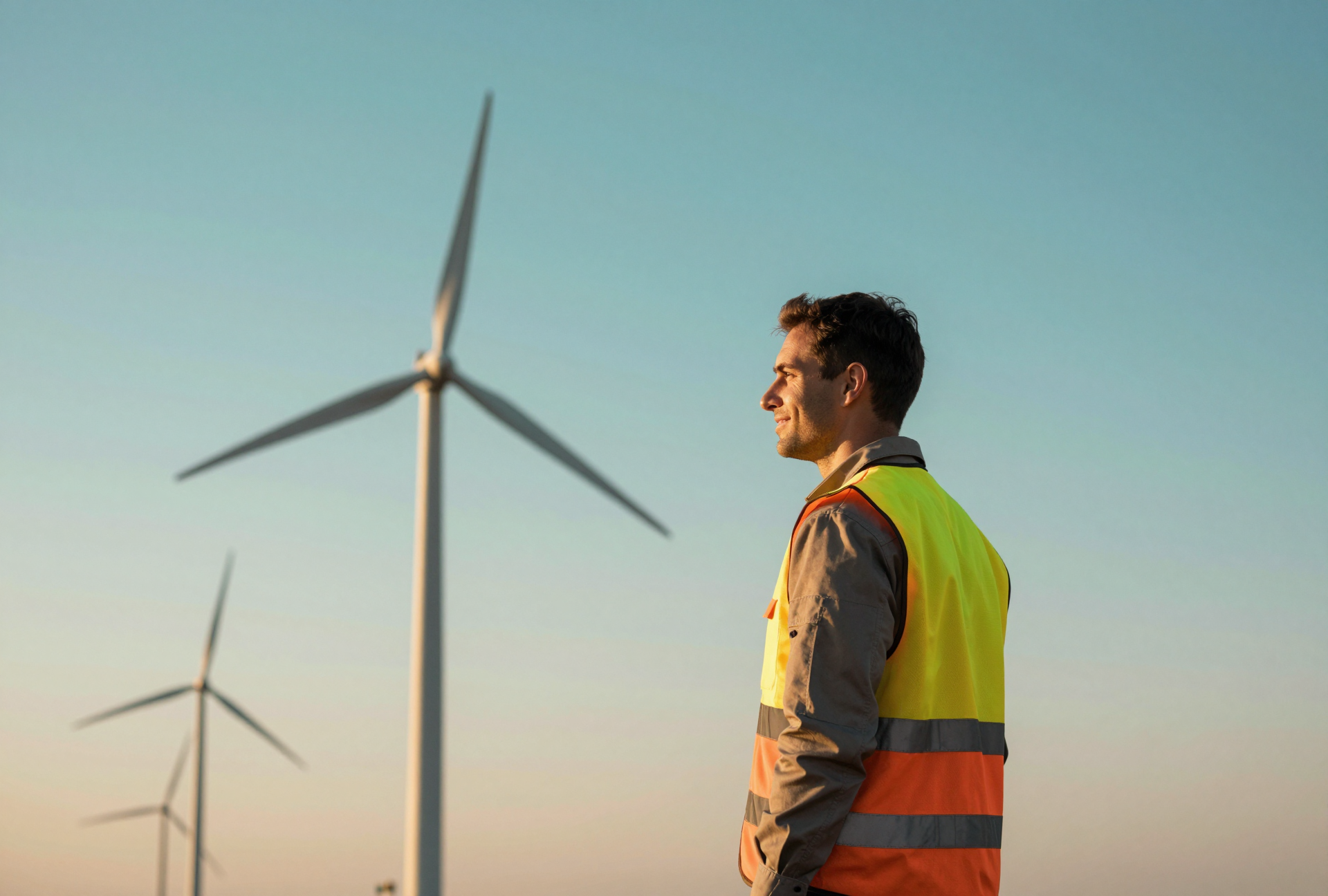 A man in a yellow safety vest and orange safety vest standing in front of wind turbines at sunset.