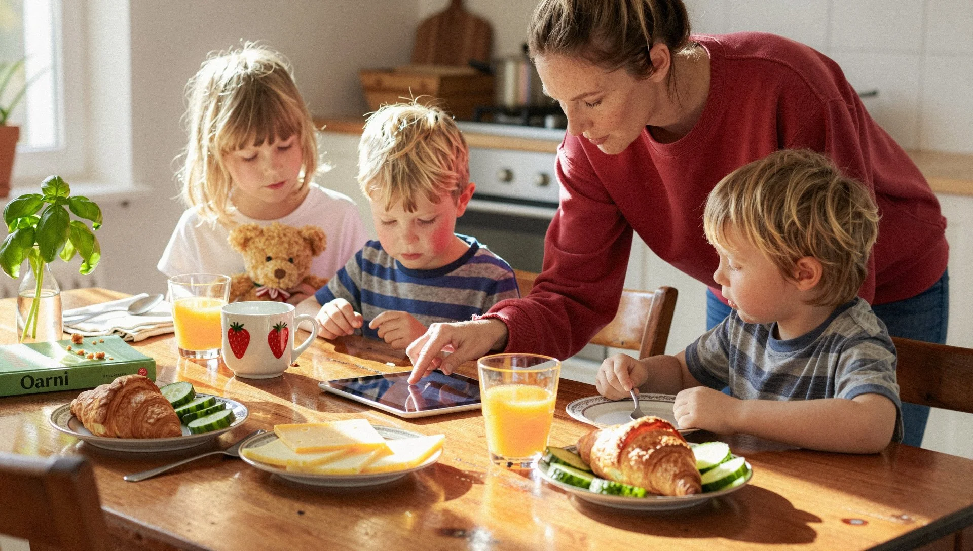 A woman and four children having breakfast at a wooden table. The table has a croissant, sliced cucumbers, a glass of orange juice, a cup with strawberries, and a tablet. The woman is showing something on the tablet to the children, who are focused on it. There are plates, a book, and a plant in the background.