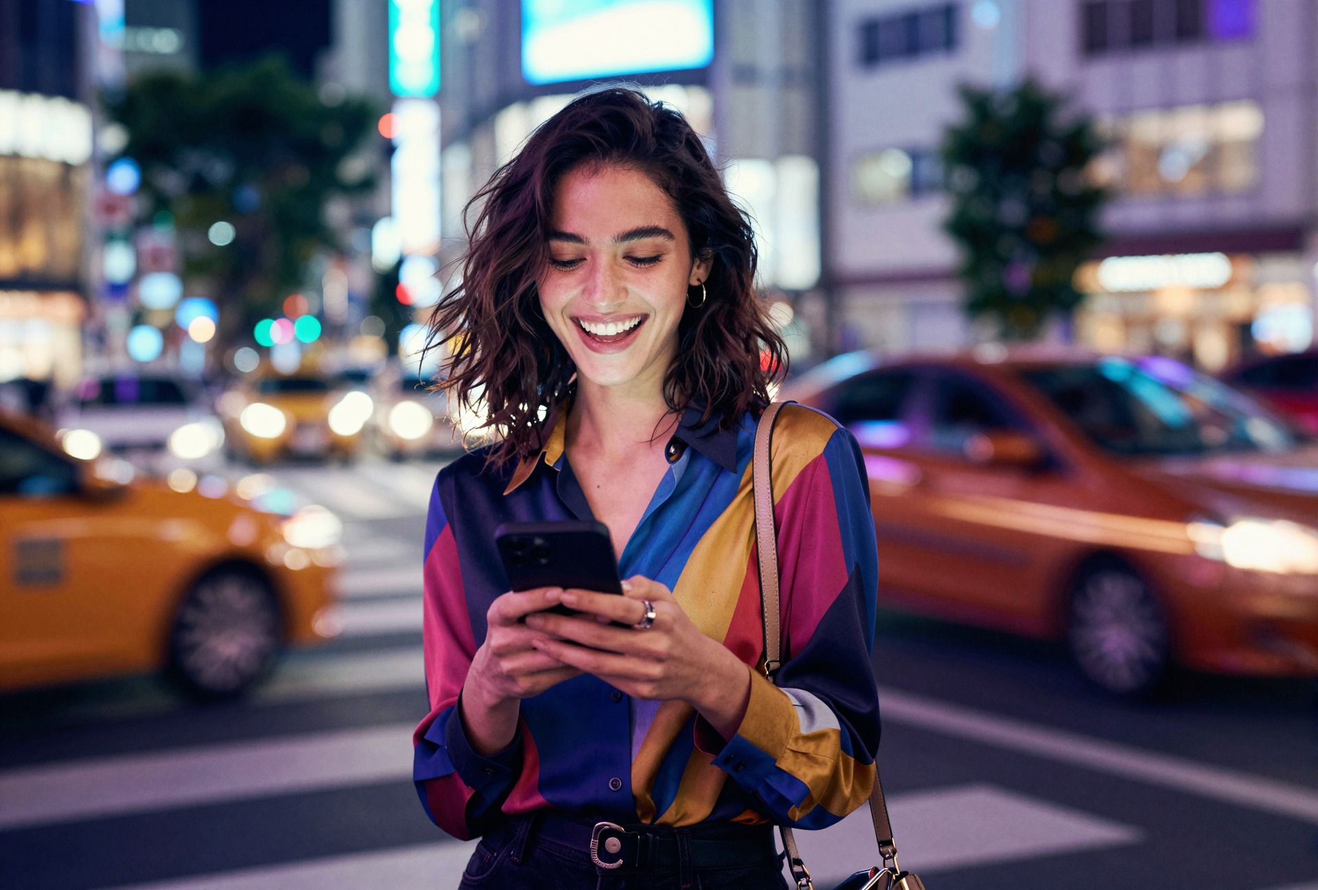 A young woman with shoulder-length curly brown hair smiling and looking at her phone on a busy city street at night, with blurred taxi cabs and brightly lit buildings in the background.