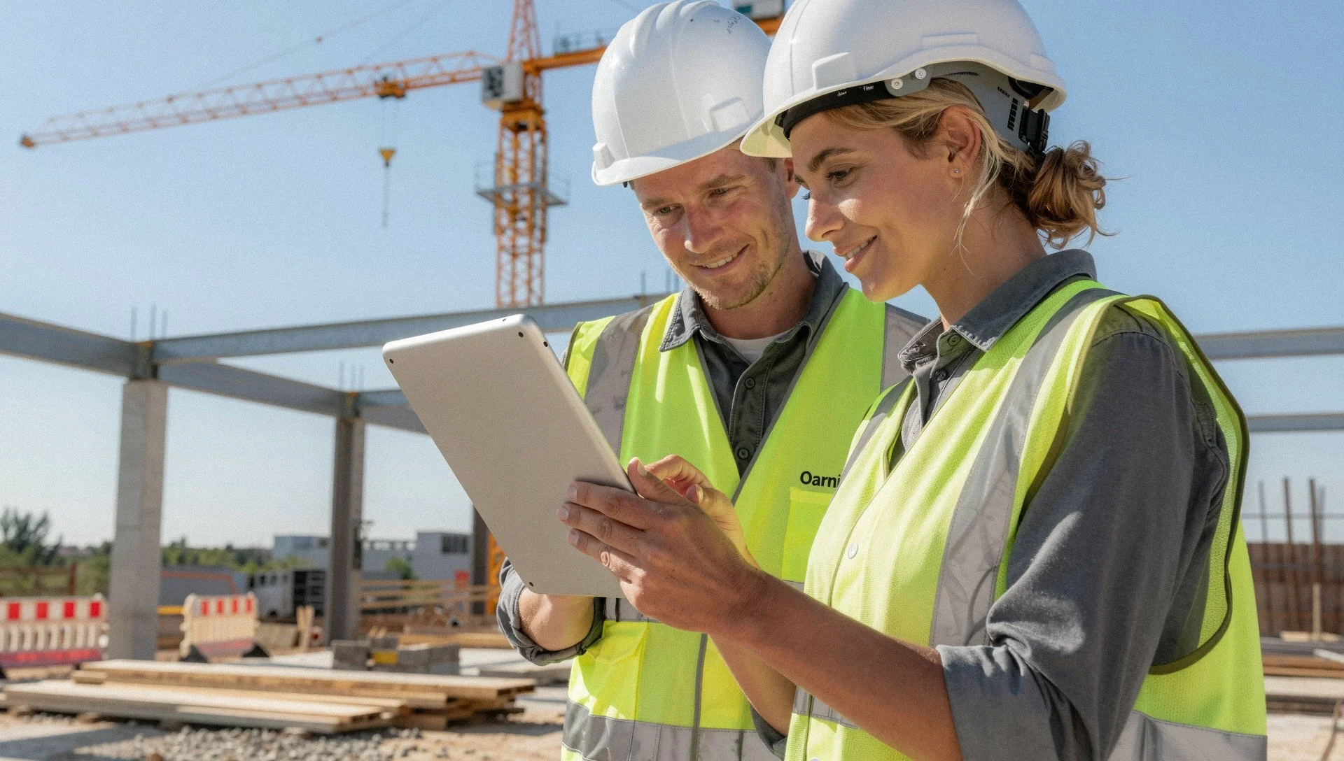 Two construction workers, a man and a woman, wearing white hard hats and yellow safety vests, are looking at a tablet together on a construction site with a crane and building framework in the background.