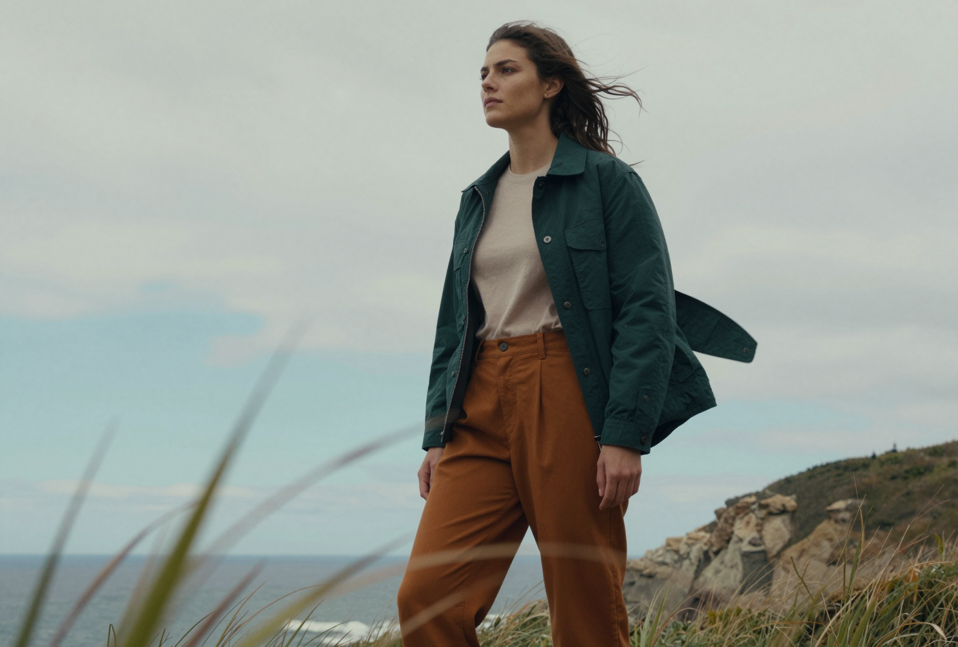 A woman standing outdoors near the coast, wearing a dark green jacket, beige shirt, and brown pants, with windblown hair and a serious expression.