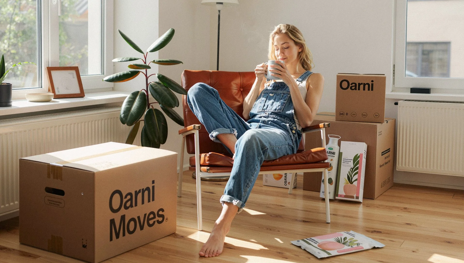 A woman sitting in a chair, holding a mug, surrounded by moving boxes in a bright room with large windows and wooden floors.