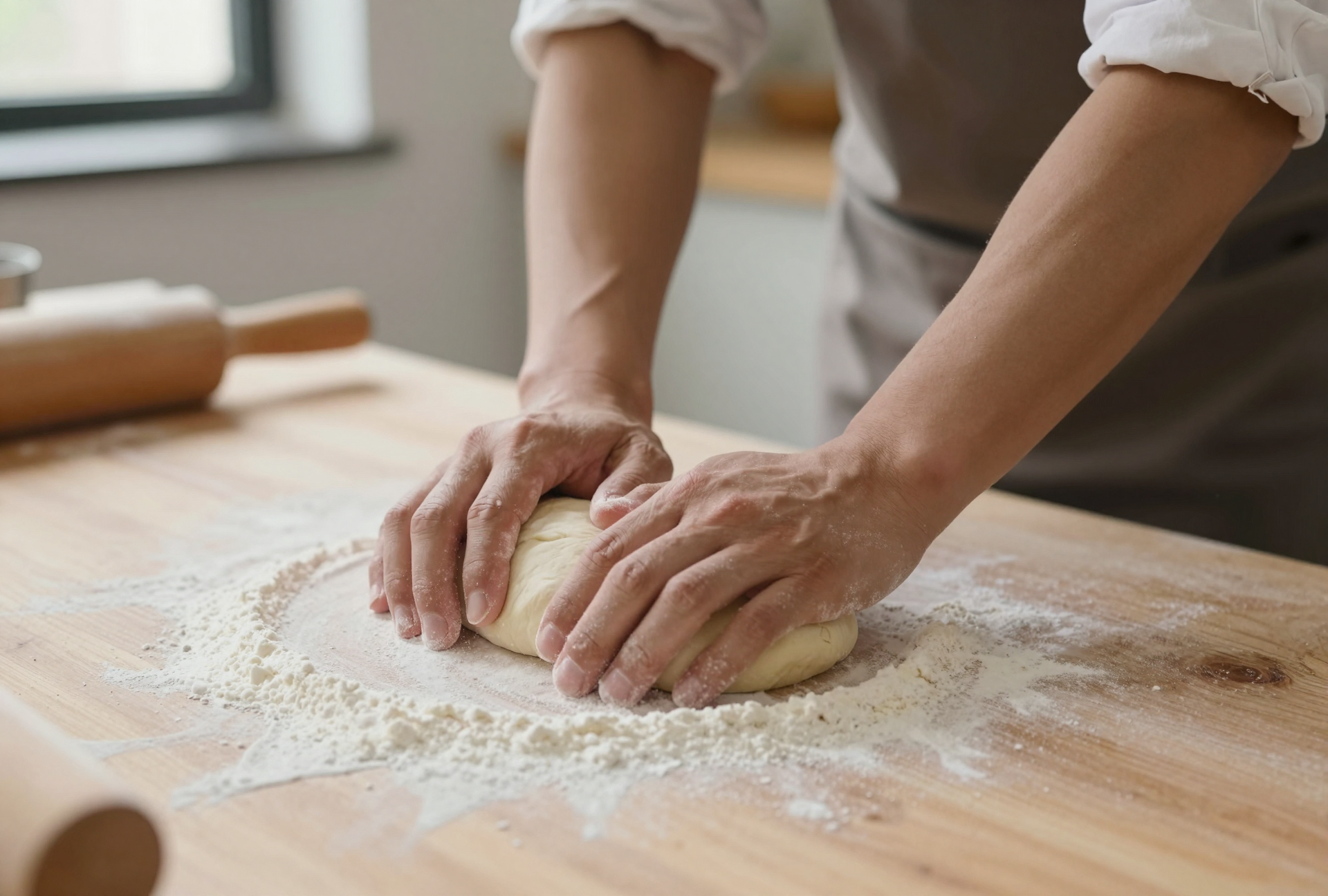 Person kneading dough on a floured wooden surface in a kitchen.