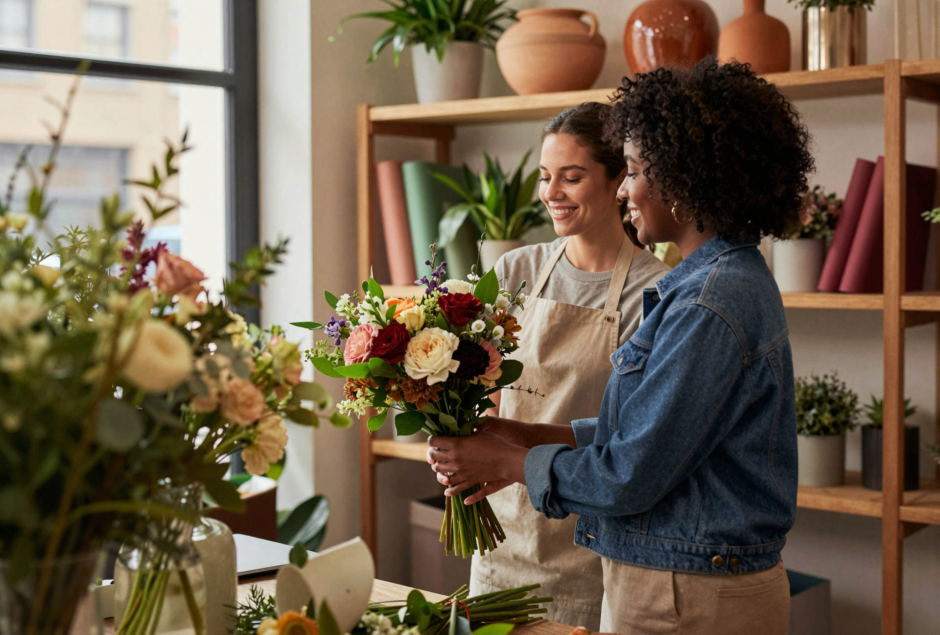 Two women in a flower shop, one holding a bouquet of flowers, smiling and looking at it, with shelves of pots and greenery behind them.
