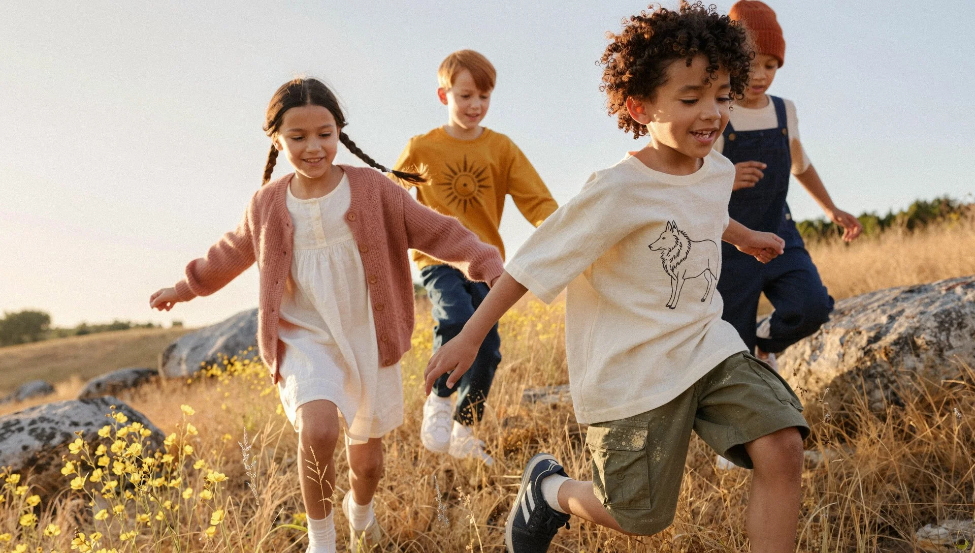 Four children running through a grassy field with rocks, during sunset or late afternoon, smiling and enjoying outdoor play.