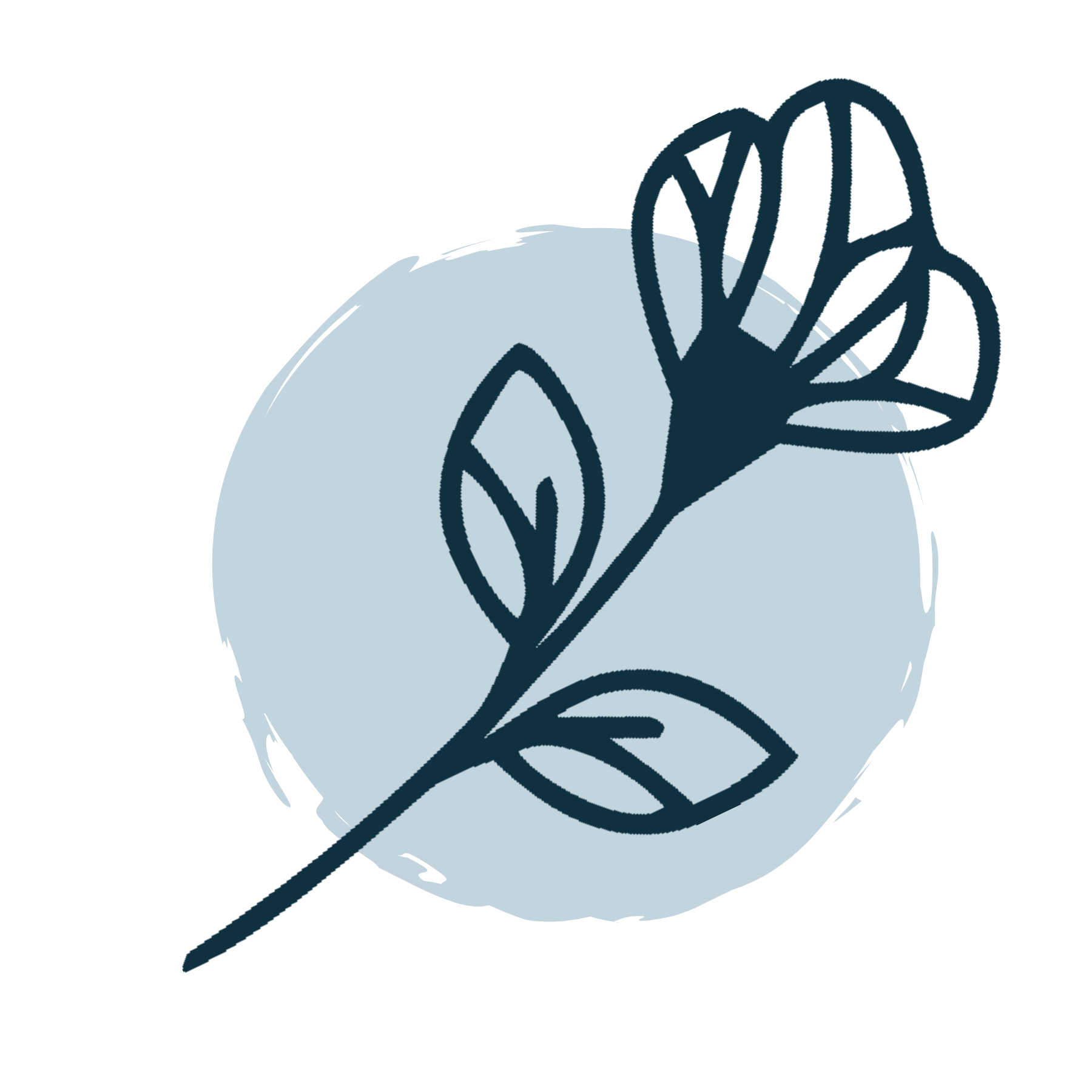 Stylized illustration of a shower pouf with a plant branch and leaves on a light blue circular background.