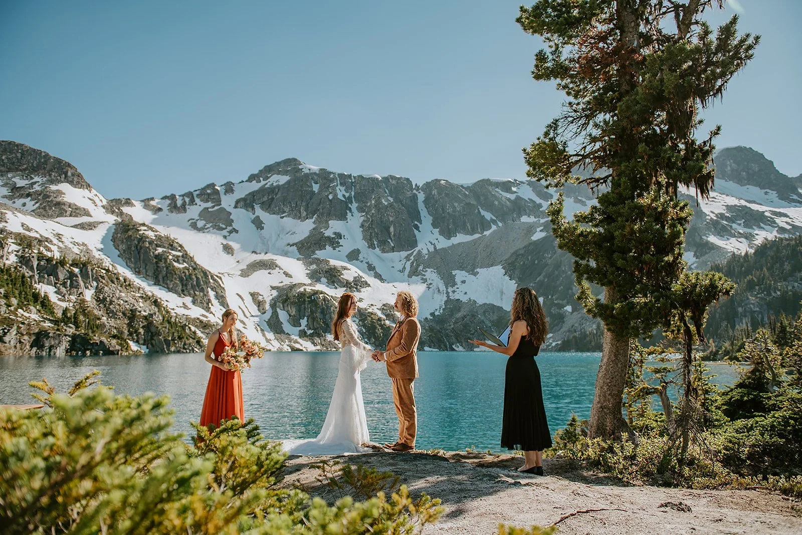 Bride and groom exchanging vows at Marriage Lake.